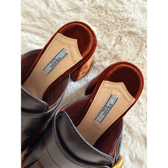 Prada Black/Brown Velvet and Leather Kiltie Mule Sandals - Picture 6 of 10